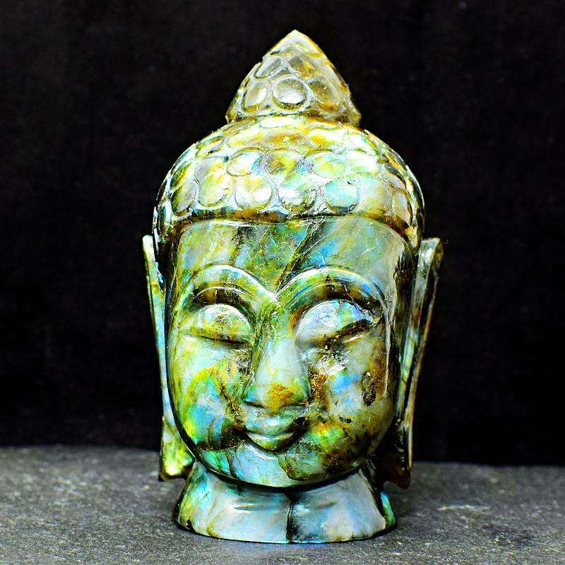 gemsmore:Amazing Flash Labradorite Hand Carved Lord Buddha Head