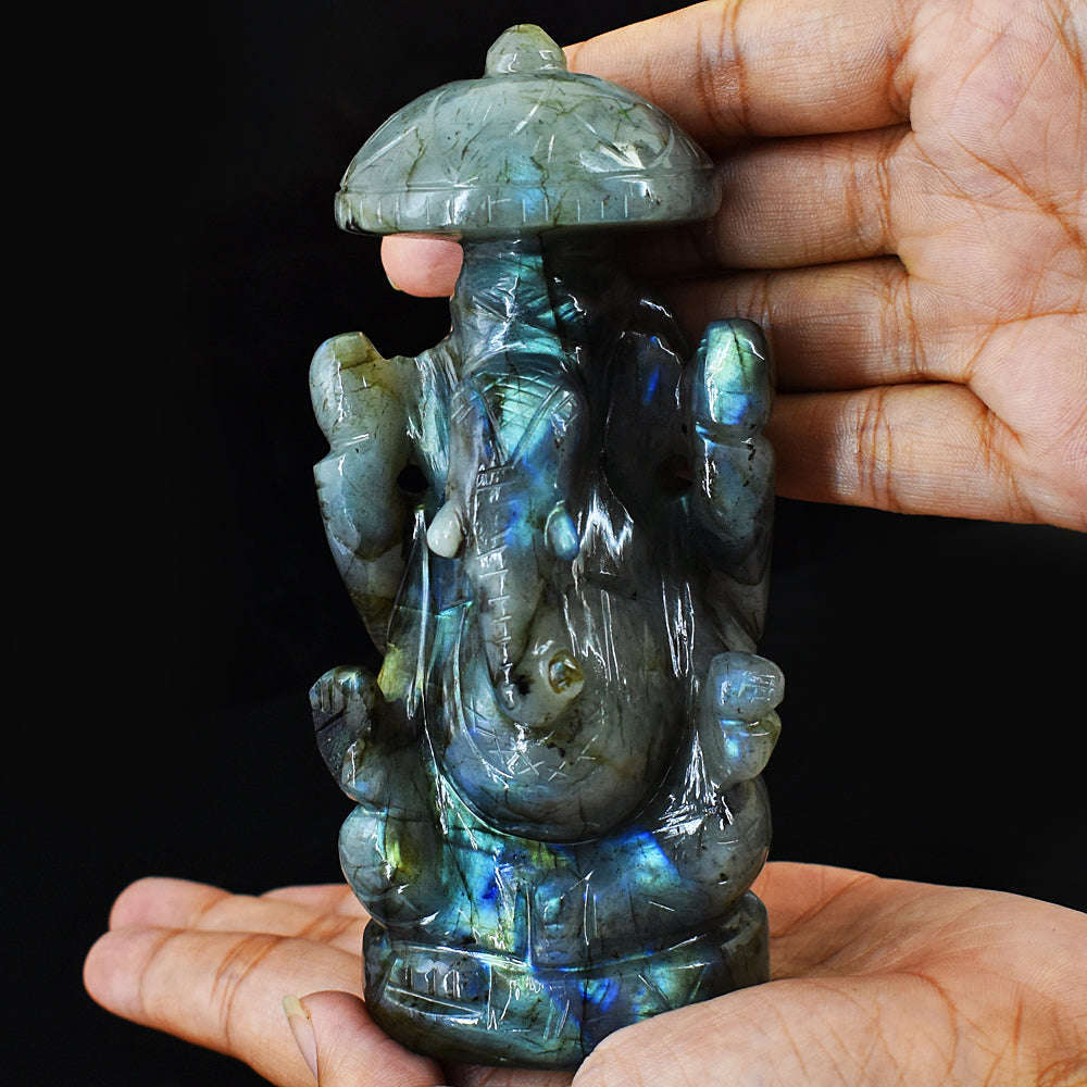 gemsmore:Amazing Flash Labradorite Hand Carved Lord Ganesha