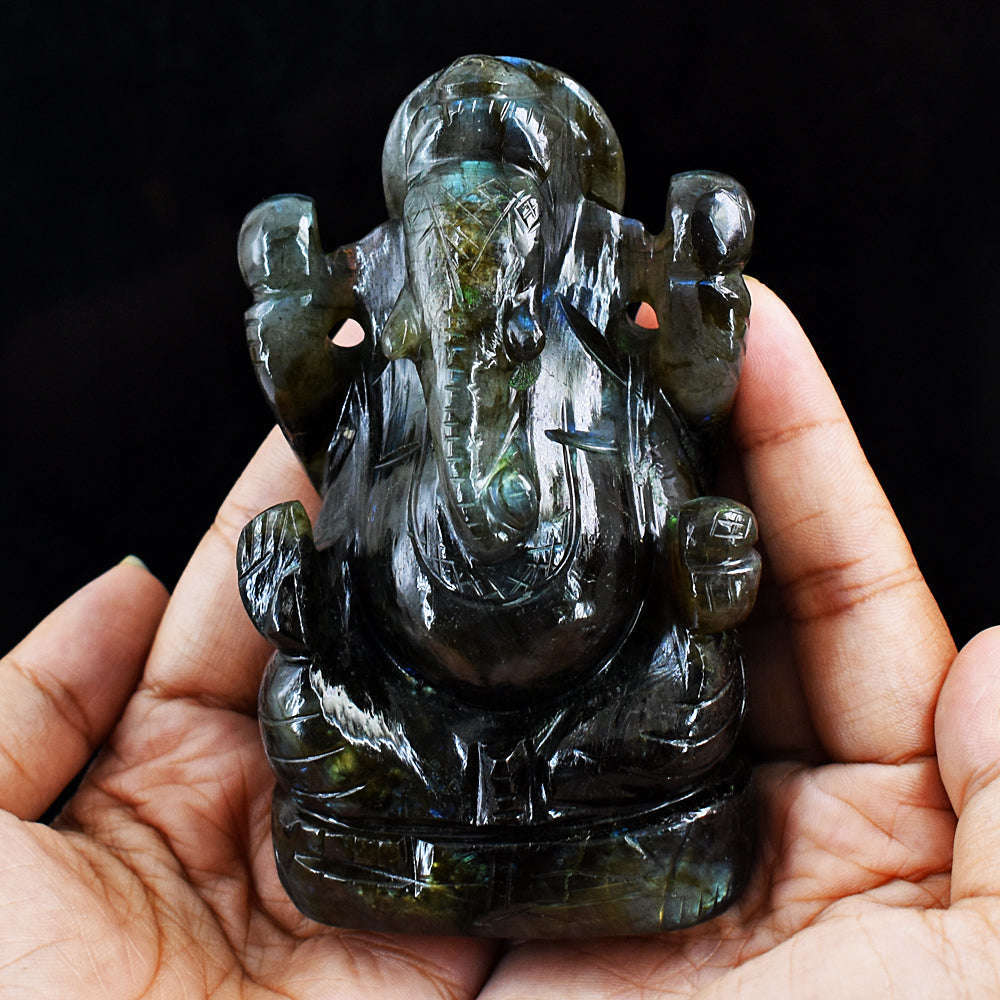 gemsmore:Amazing Flash Labradorite Hand Carved Lord Ganesha