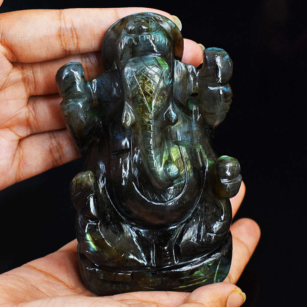 gemsmore:Amazing Flash Labradorite Hand Carved Lord Ganesha