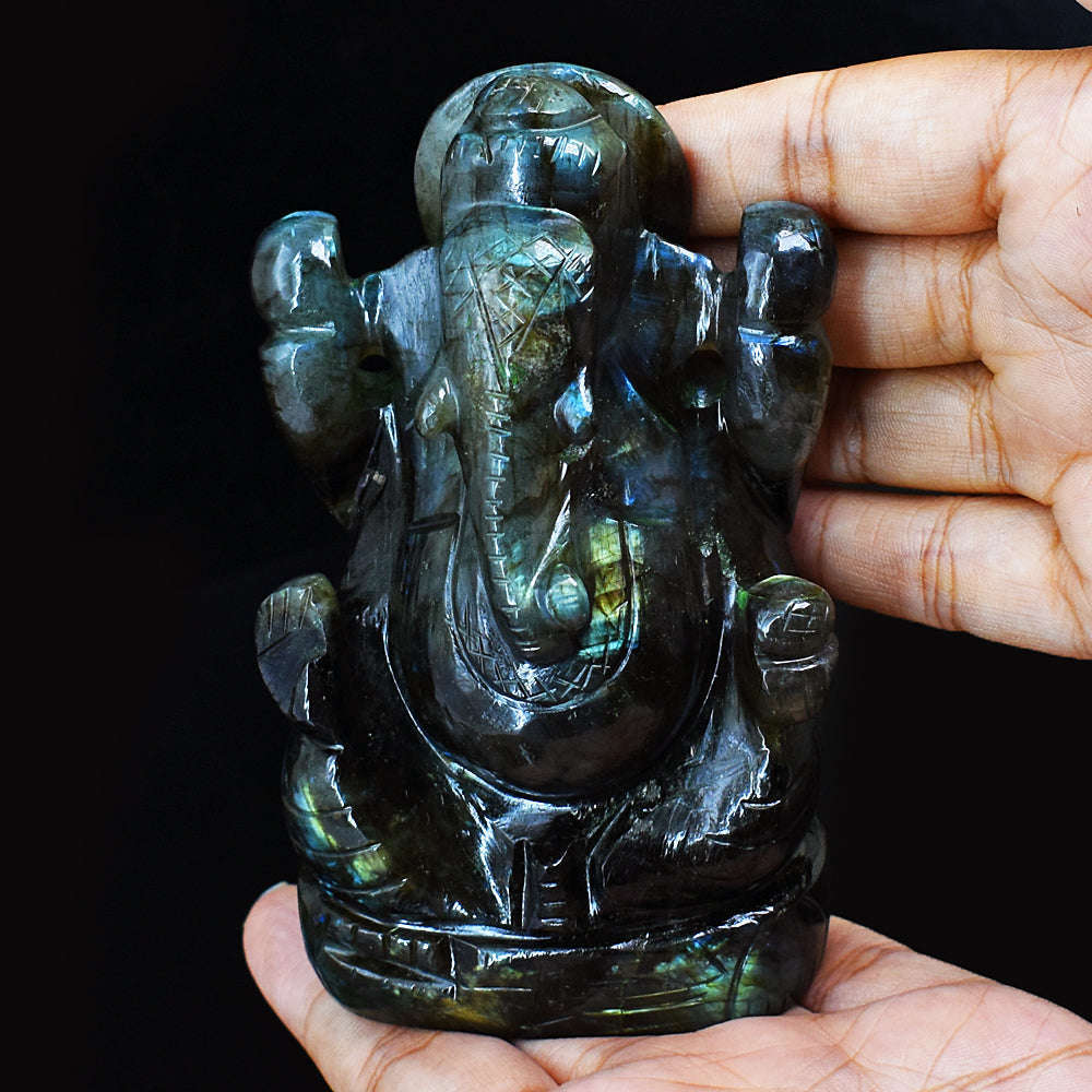 gemsmore:Amazing Flash Labradorite Hand Carved Lord Ganesha