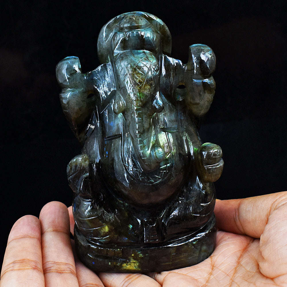 gemsmore:Amazing Flash Labradorite Hand Carved Lord Ganesha