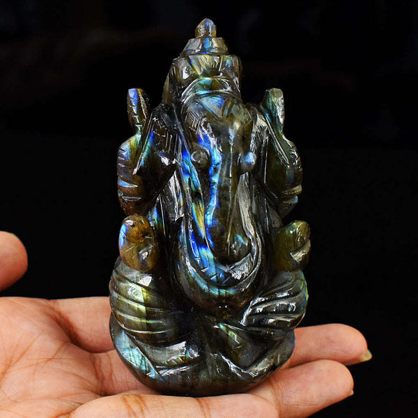 gemsmore:Amazing Flash Labradorite Hand Carved Lord Ganesha