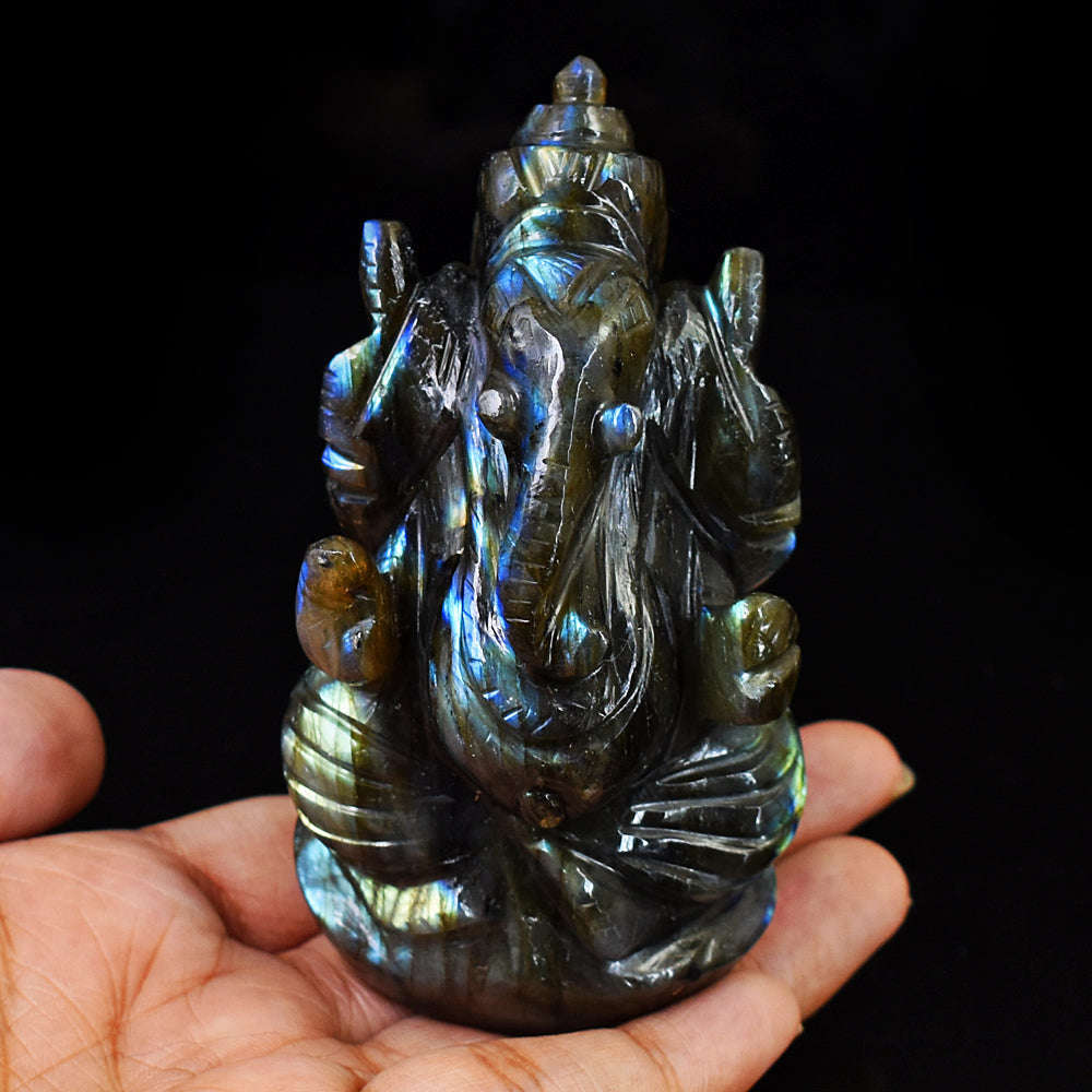 gemsmore:Amazing Flash Labradorite Hand Carved Lord Ganesha