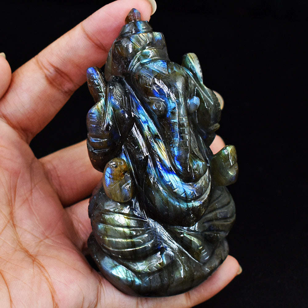 gemsmore:Amazing Flash Labradorite Hand Carved Lord Ganesha
