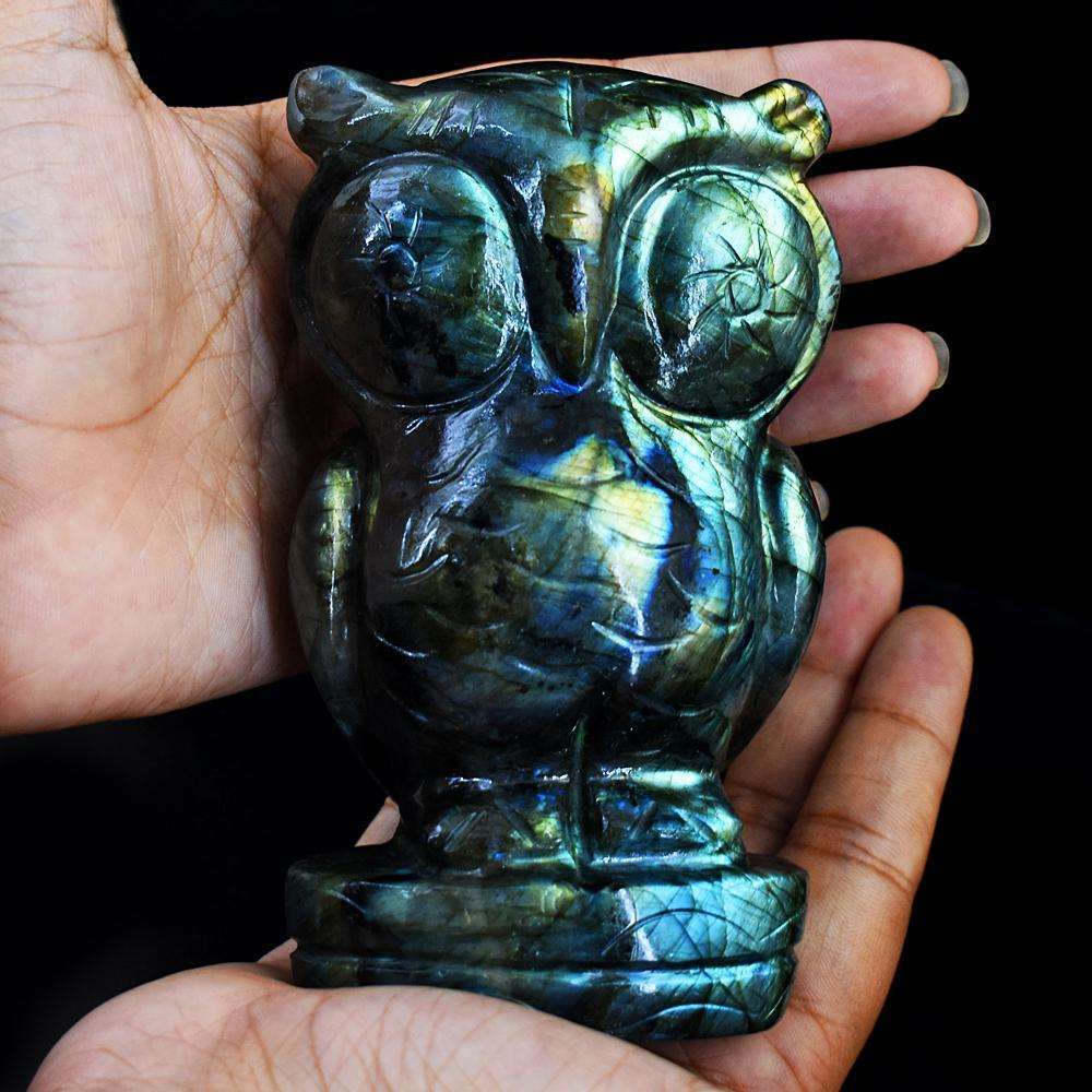 gemsmore:Amazing Flash Labradorite Hand Carved Owl