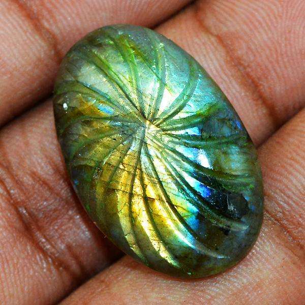 gemsmore:Amazing Flash Labradorite Oval Shape Flower Carved Loose Gemstone