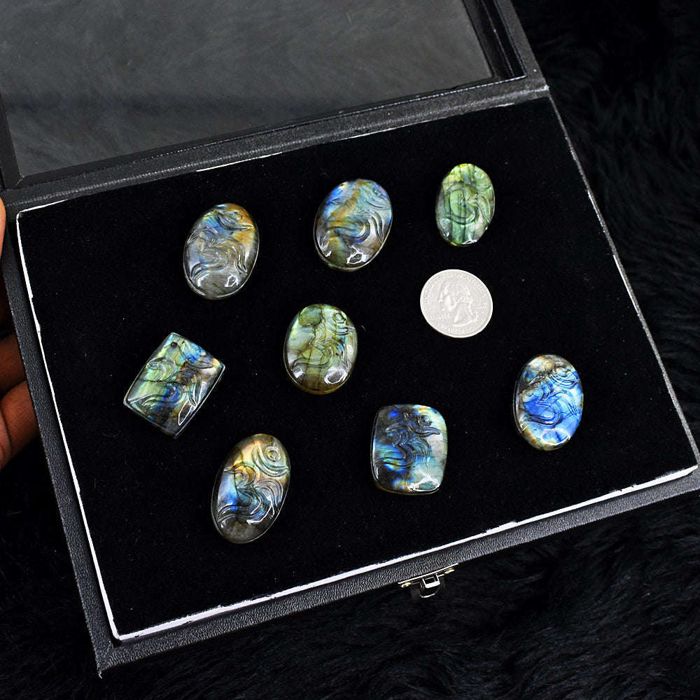 gemsmore:Amazing Flash Labradorite Untreated Carved Om Gemstone Cabochon Lot