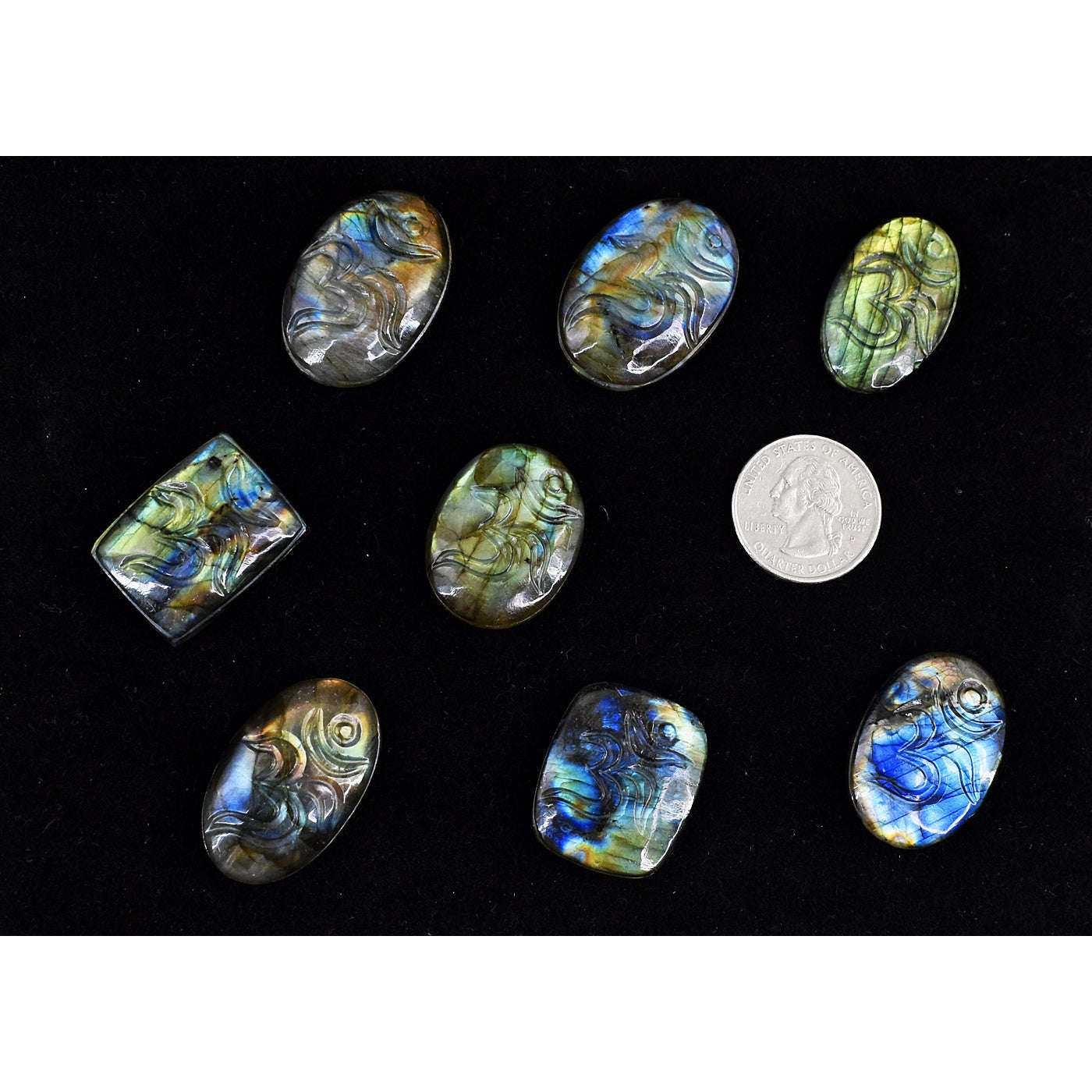 gemsmore:Amazing Flash Labradorite Untreated Carved Om Gemstone Cabochon Lot