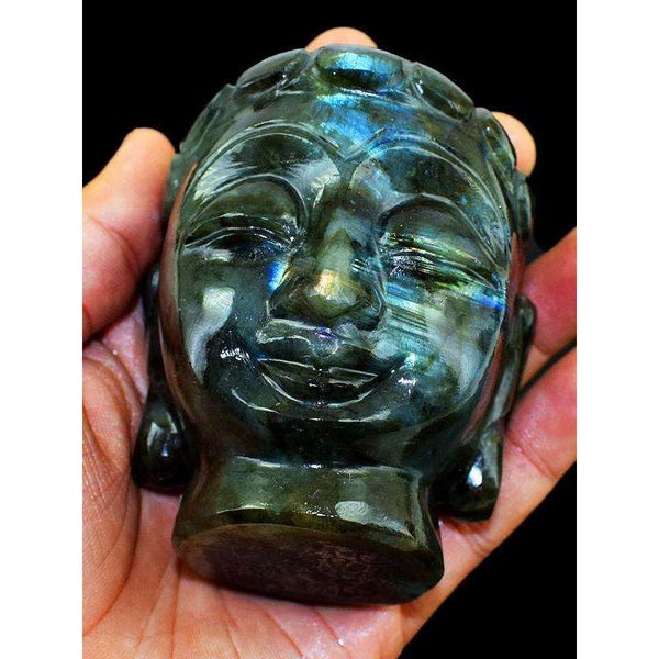 gemsmore:Amazing Genuine Labradorite Carved Lord Buddha Head Idol