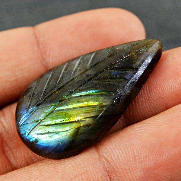 gemsmore:Amazing Golden & Blue Flash Labradorite Carved Pear Shape Untreated Loose Gemstone