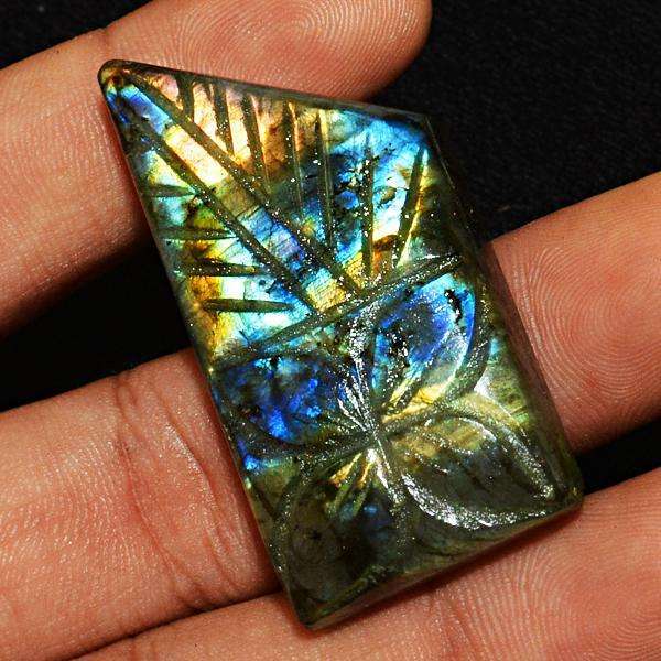 gemsmore:Amazing Golden & Blue Flash Labradorite Flower Carved Loose Gemstone