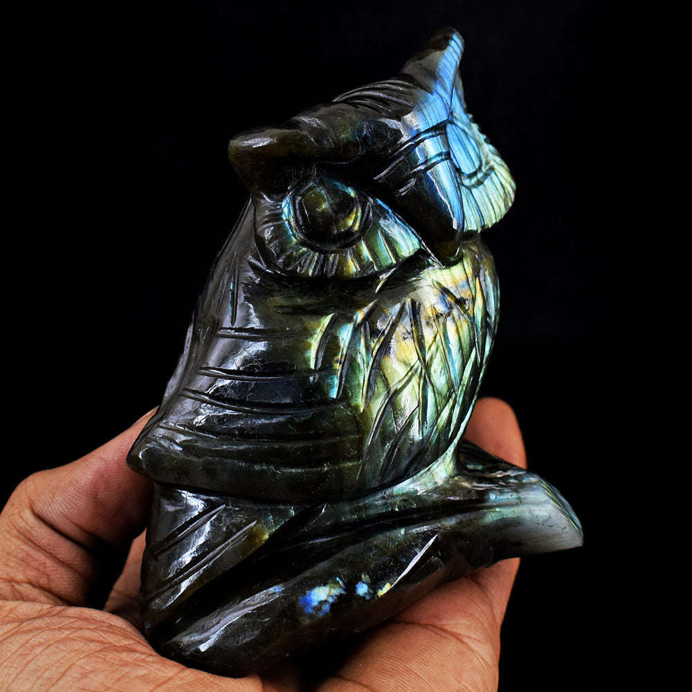 gemsmore:Amazing Golden & Blue Flash Labradorite Hand Carved Gemstone Owl