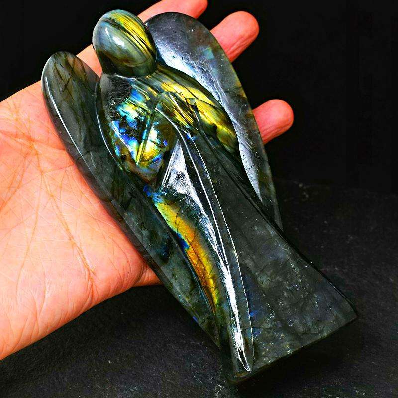 gemsmore:Amazing Golden Flash Labradorite Carved Big Healing Angel