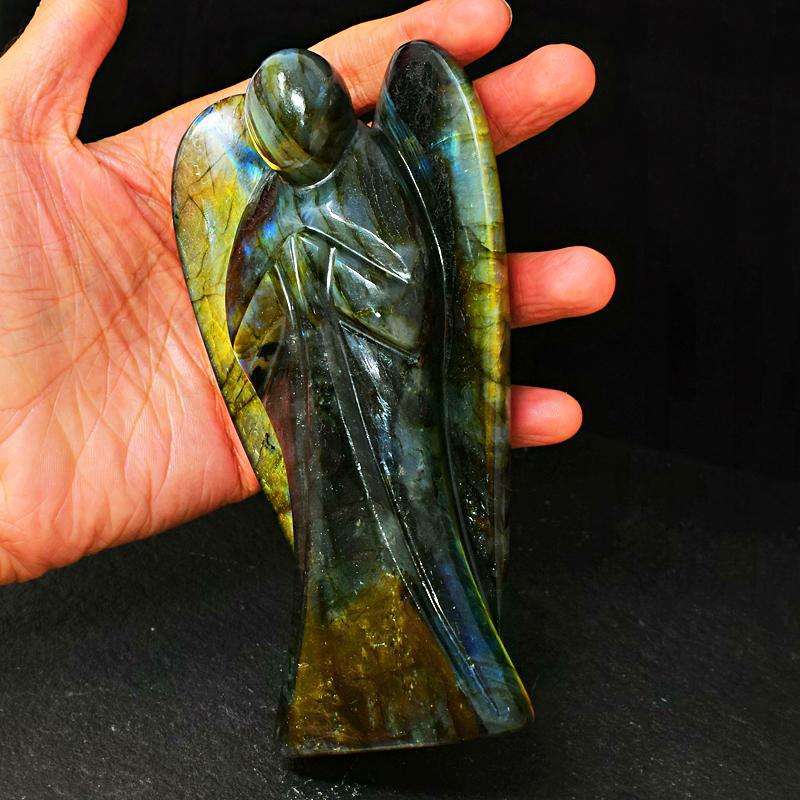 gemsmore:Amazing Golden Flash Labradorite Carved Big Healing Angel