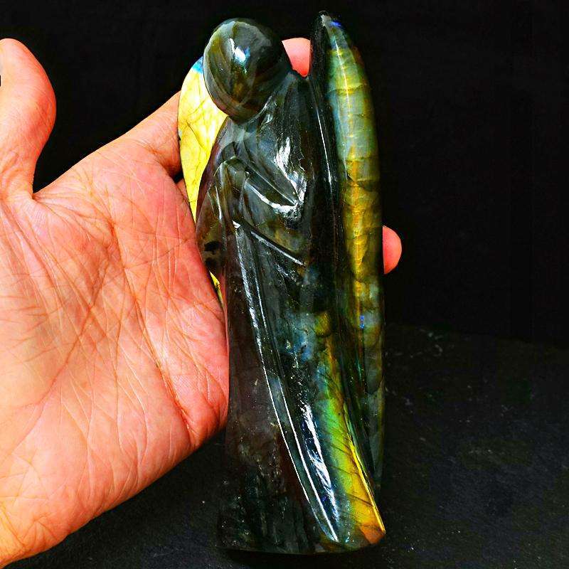 gemsmore:Amazing Golden Flash Labradorite Carved Big Healing Angel