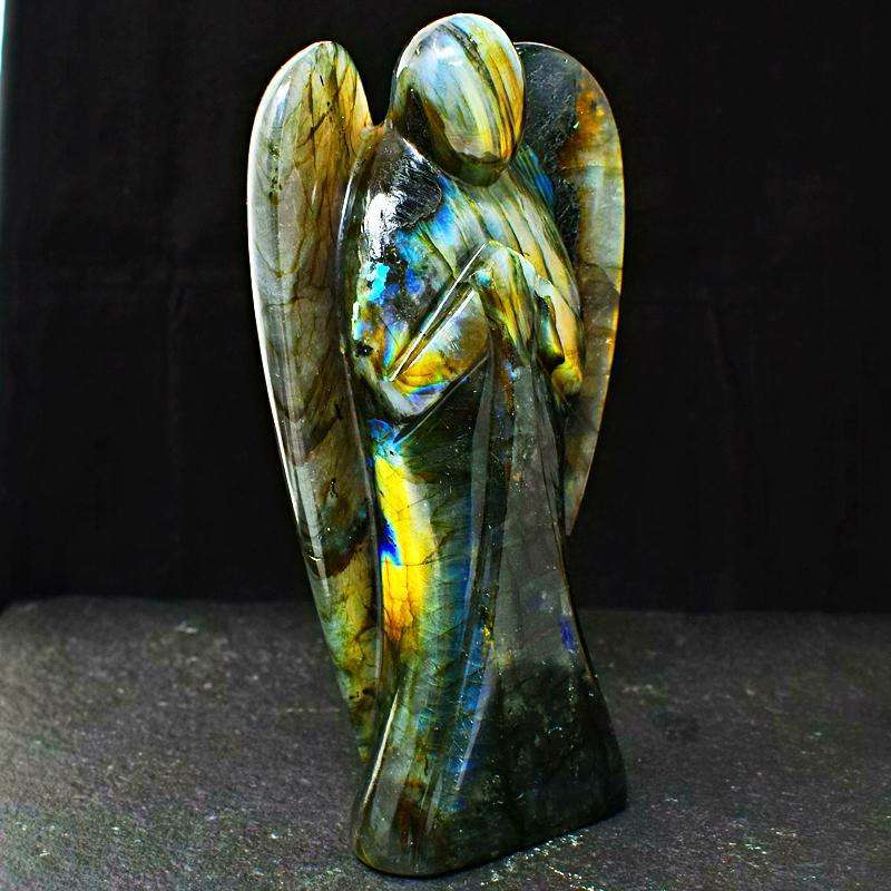 gemsmore:Amazing Golden Flash Labradorite Carved Big Healing Angel