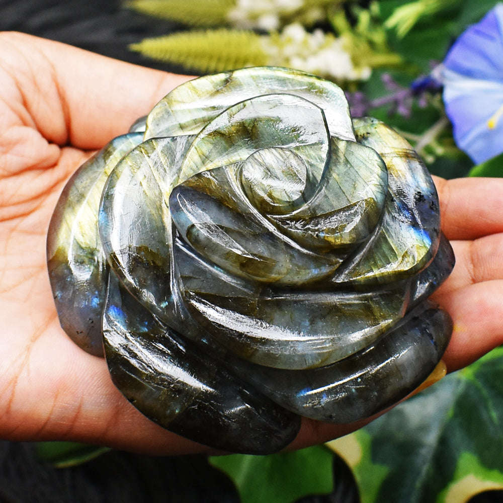 gemsmore:Amazing Golden Flash Labradorite Hand Carved Rose