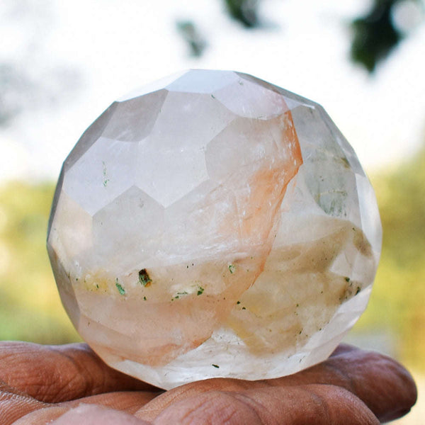 gemsmore:Amazing Golden Rutile Quartz Hand Carved Crystal Checkers Cut Healing Sphere
