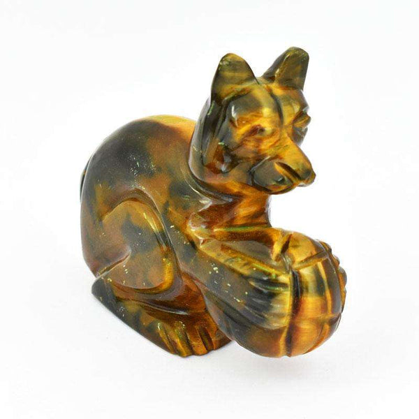 gemsmore:Amazing Golden Tiger Eye Hand Carved Dog With Ball In Hand