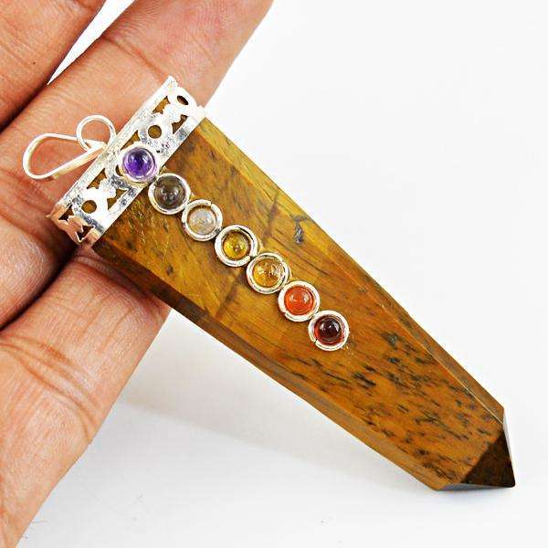 gemsmore:Amazing Golden Tiger Eye Seven Chakra Healing Wand Pendant