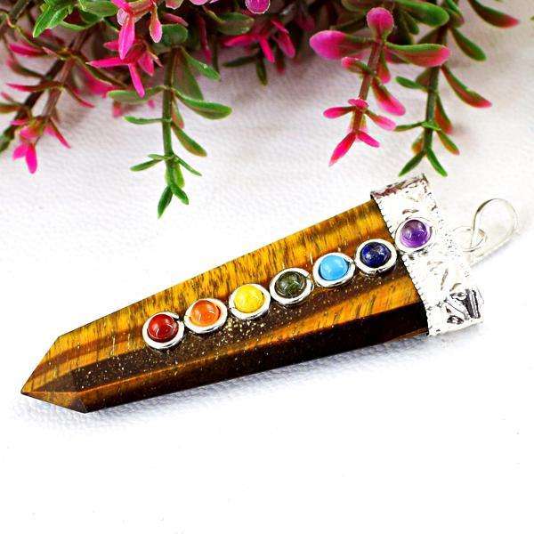 gemsmore:Amazing Golden Tiger Eye Seven Chakra Healing Wand Pendant