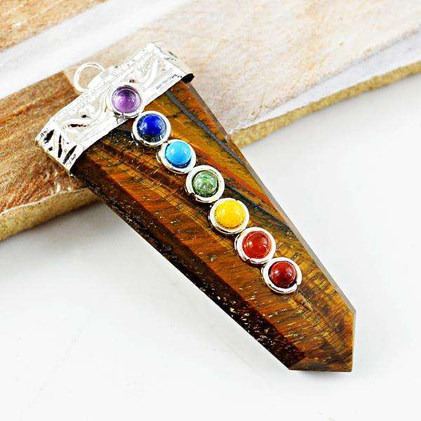 gemsmore:Amazing Golden Tiger Eye Seven Chakra Healing Wand Pendant