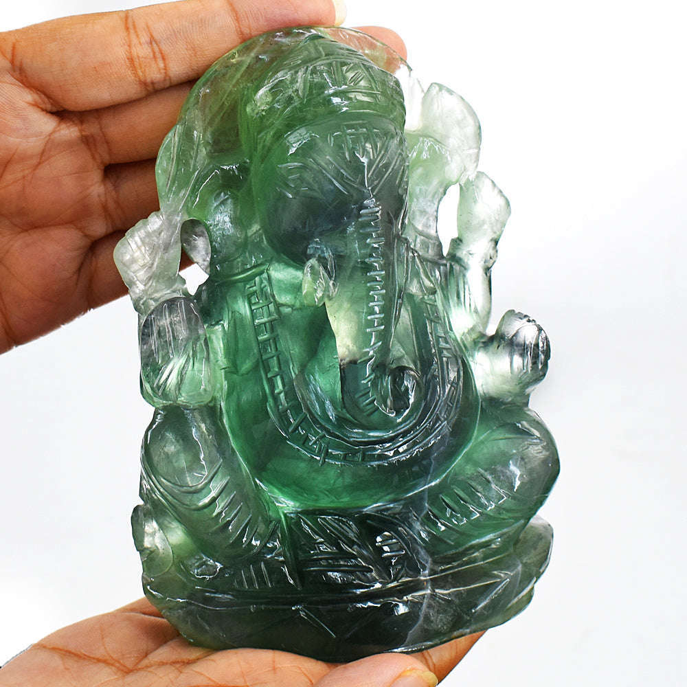 gemsmore:Amazing Green Fluorite Hand Carved Lord Ganesha Idol