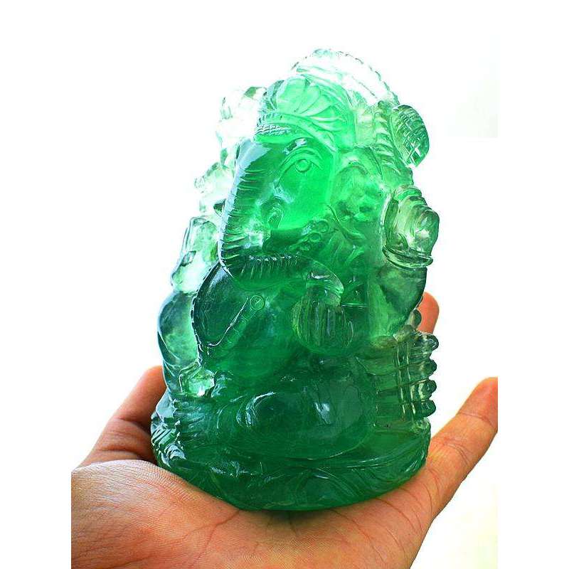 gemsmore:Amazing Green Fluorite Hand Carved Lord Ganesha Idol On Throne