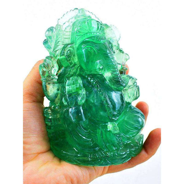 gemsmore:Amazing Green Fluorite Hand Carved Lord Ganesha Idol On Throne