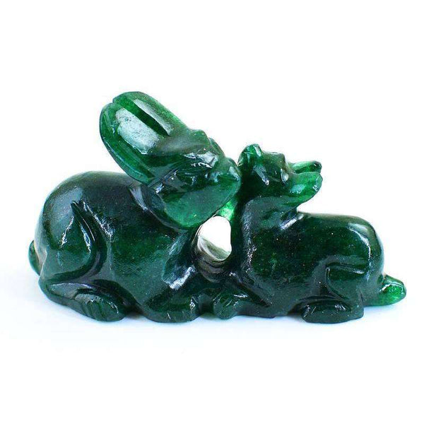 gemsmore:Amazing Green Jade Hand Carved Bunny Pair
