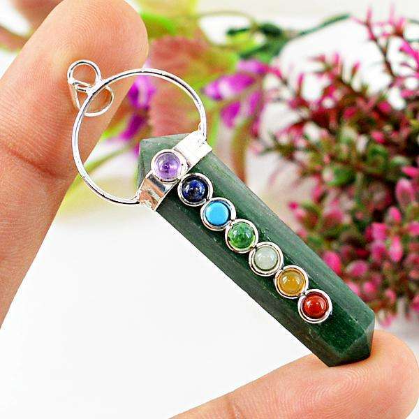 gemsmore:Amazing Green Jade Seven Chakra Crystal Healing Point Pendant