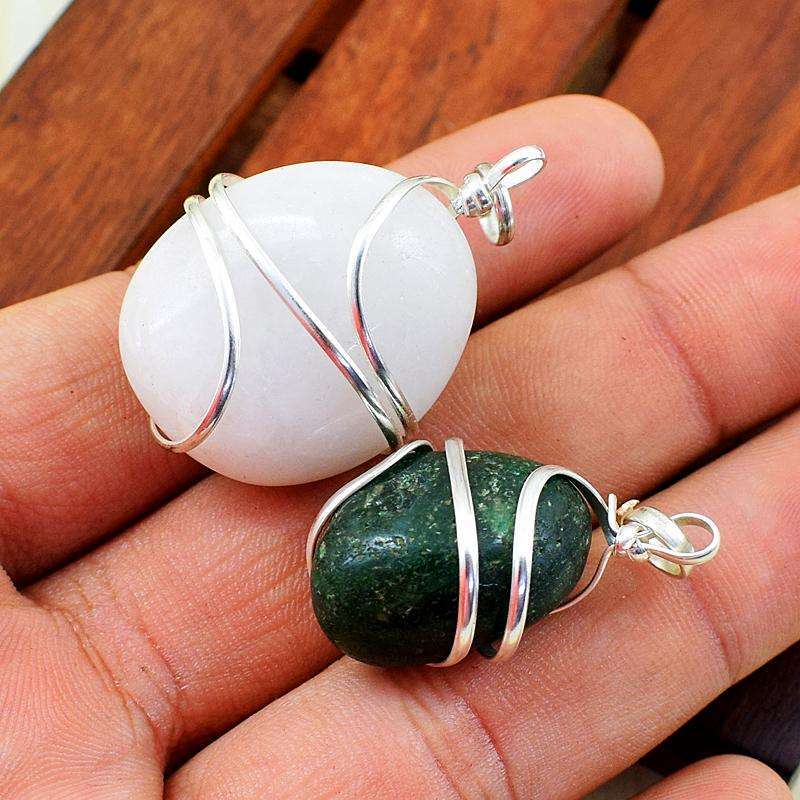 gemsmore:Amazing Green Jade & White Agate Pendant Lot