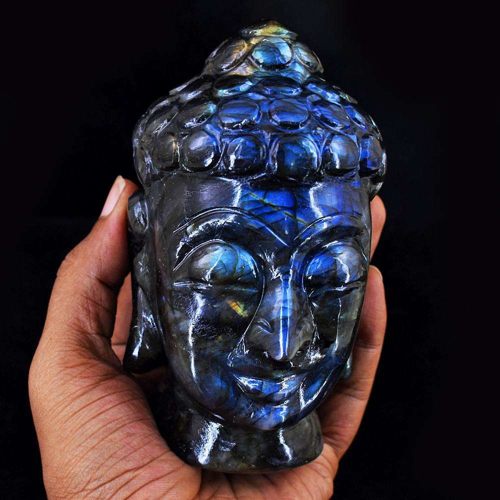 gemsmore:Amazing Hand Carved Blue Flash Labradorite Lord Buddha Head