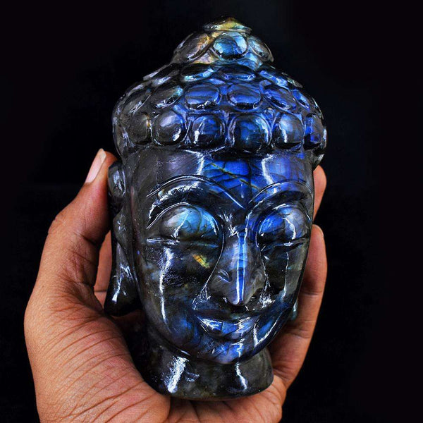 gemsmore:Amazing Hand Carved Blue Flash Labradorite Lord Buddha Head