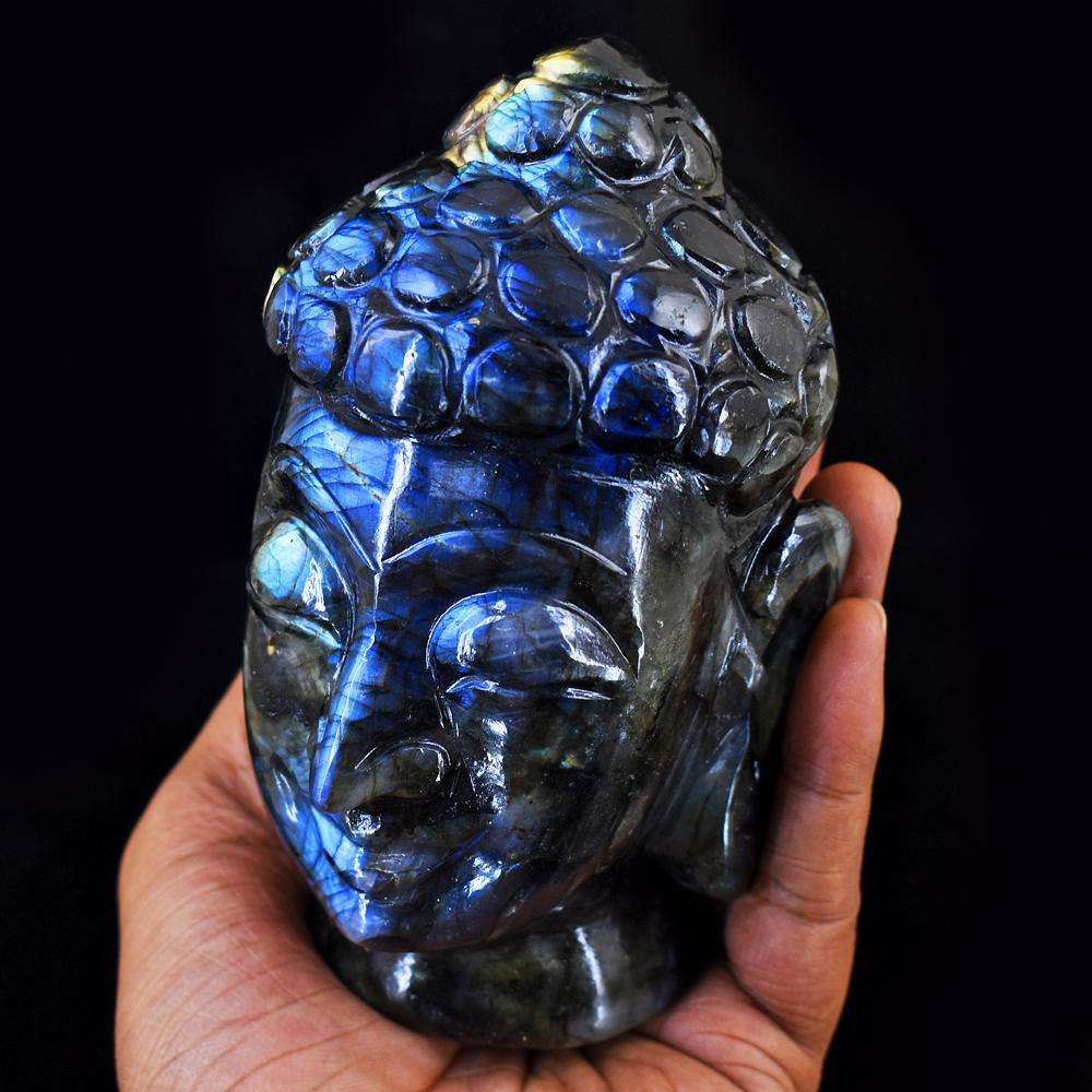 gemsmore:Amazing Hand Carved Blue Flash Labradorite Lord Buddha Head