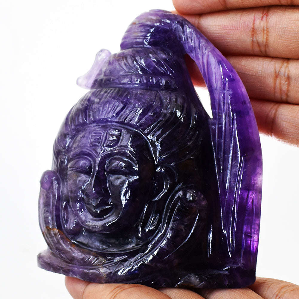 gemsmore:Amazing Hand Carved Purple Amethyst Lord Shiva Head Gemstone Carving
