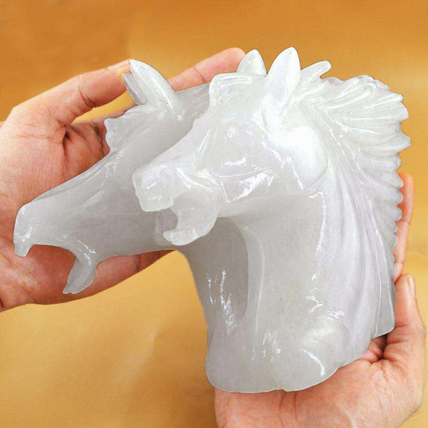 gemsmore:Amazing Hand Carved White Quartz Twin Horse Head