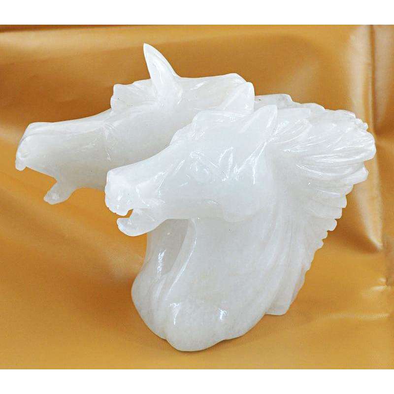 gemsmore:Amazing Hand Carved White Quartz Twin Horse Head