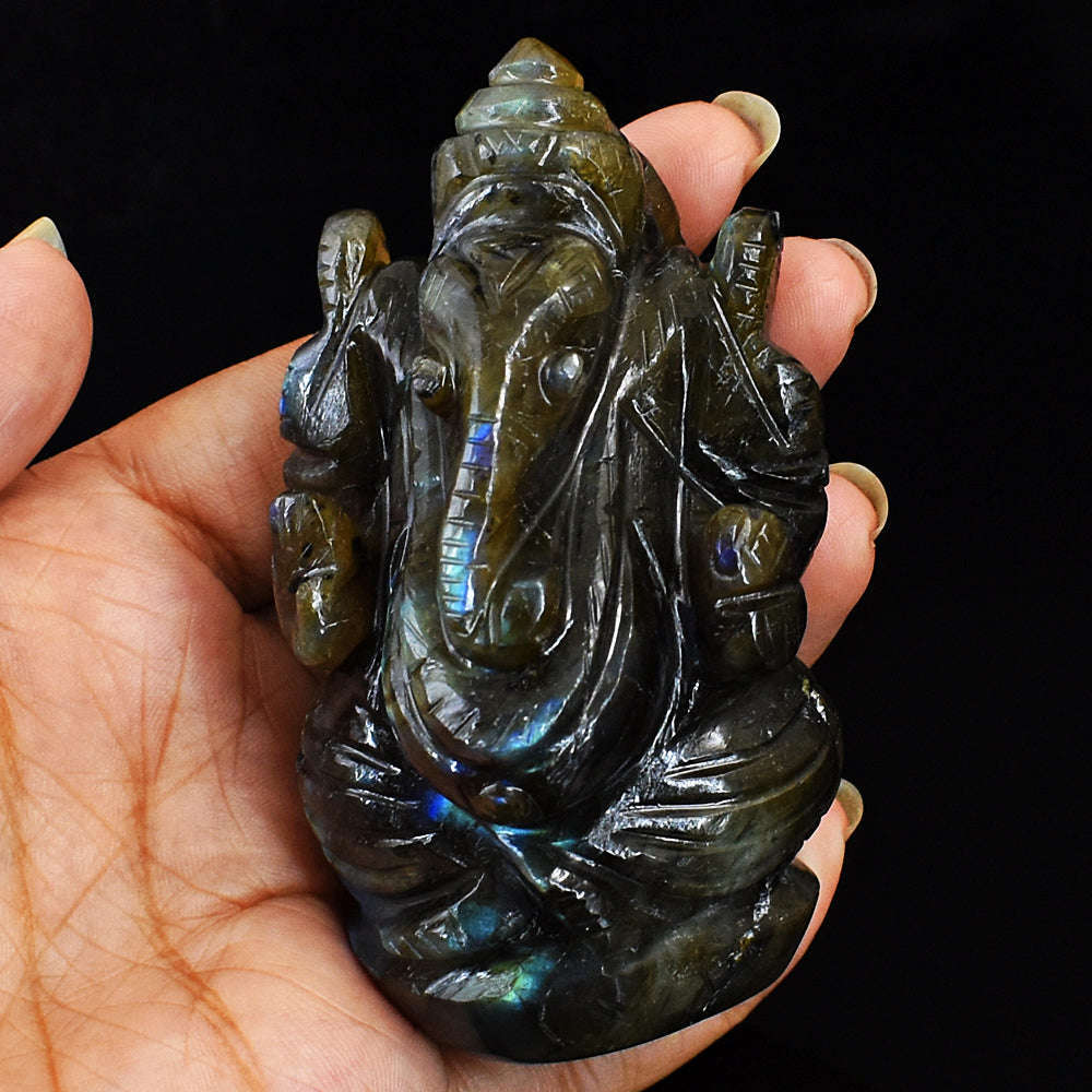gemsmore:Amazing  Labradorite Hand Carved Genuine Crystal Gemstone Carving Lord Ganesha