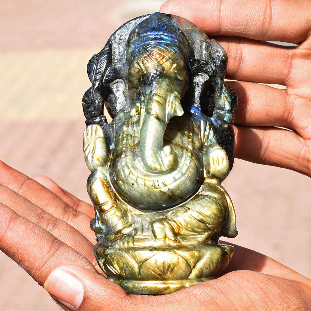 gemsmore:Amazing  Labradorite Hand Carved Genuine Crystal Gemstone Carving Lord Ganesha