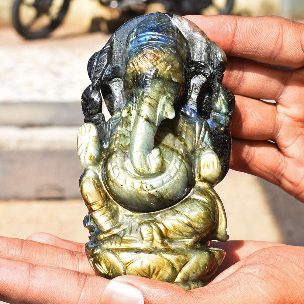 gemsmore:Amazing  Labradorite Hand Carved Genuine Crystal Gemstone Carving Lord Ganesha