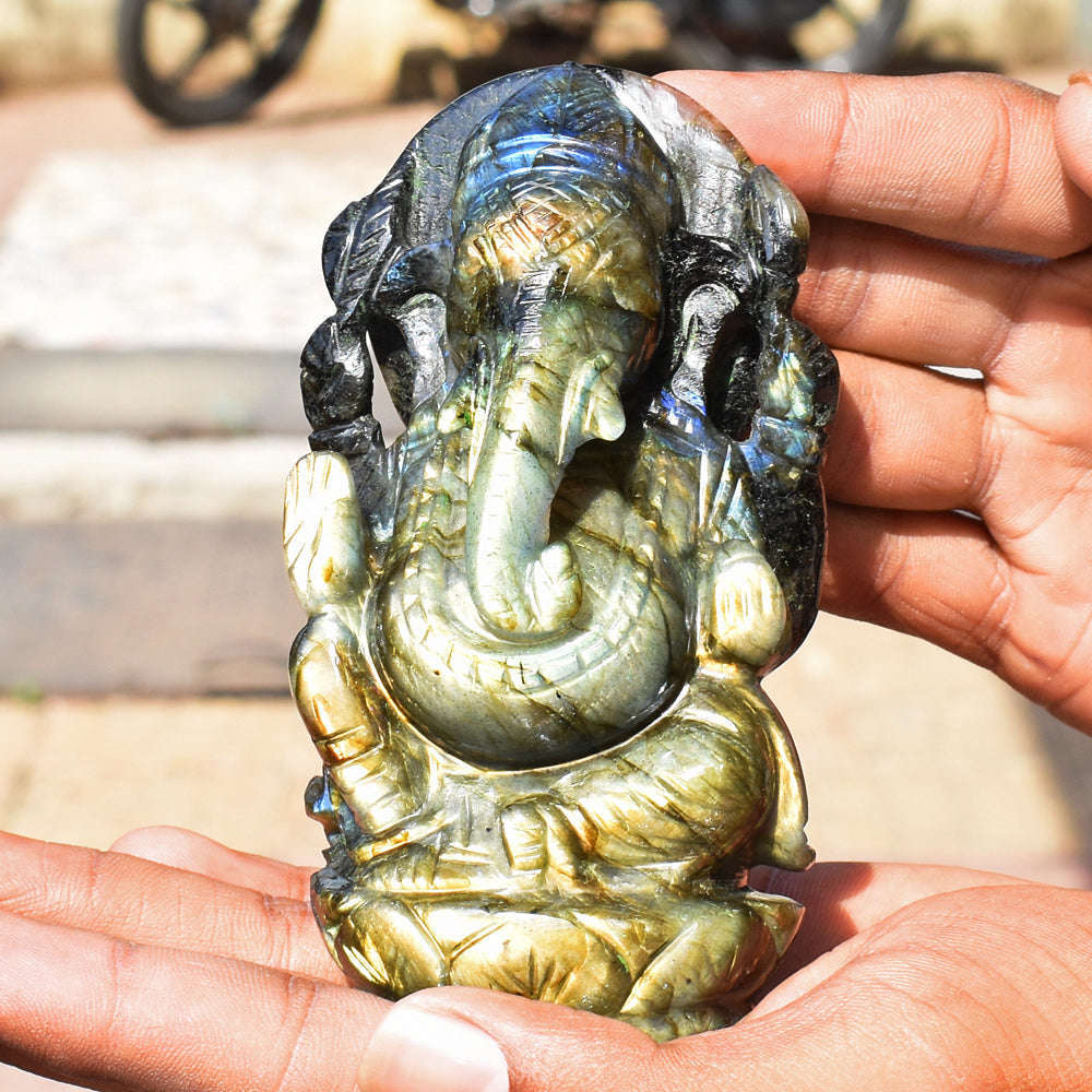 gemsmore:Amazing  Labradorite Hand Carved Genuine Crystal Gemstone Carving Lord Ganesha