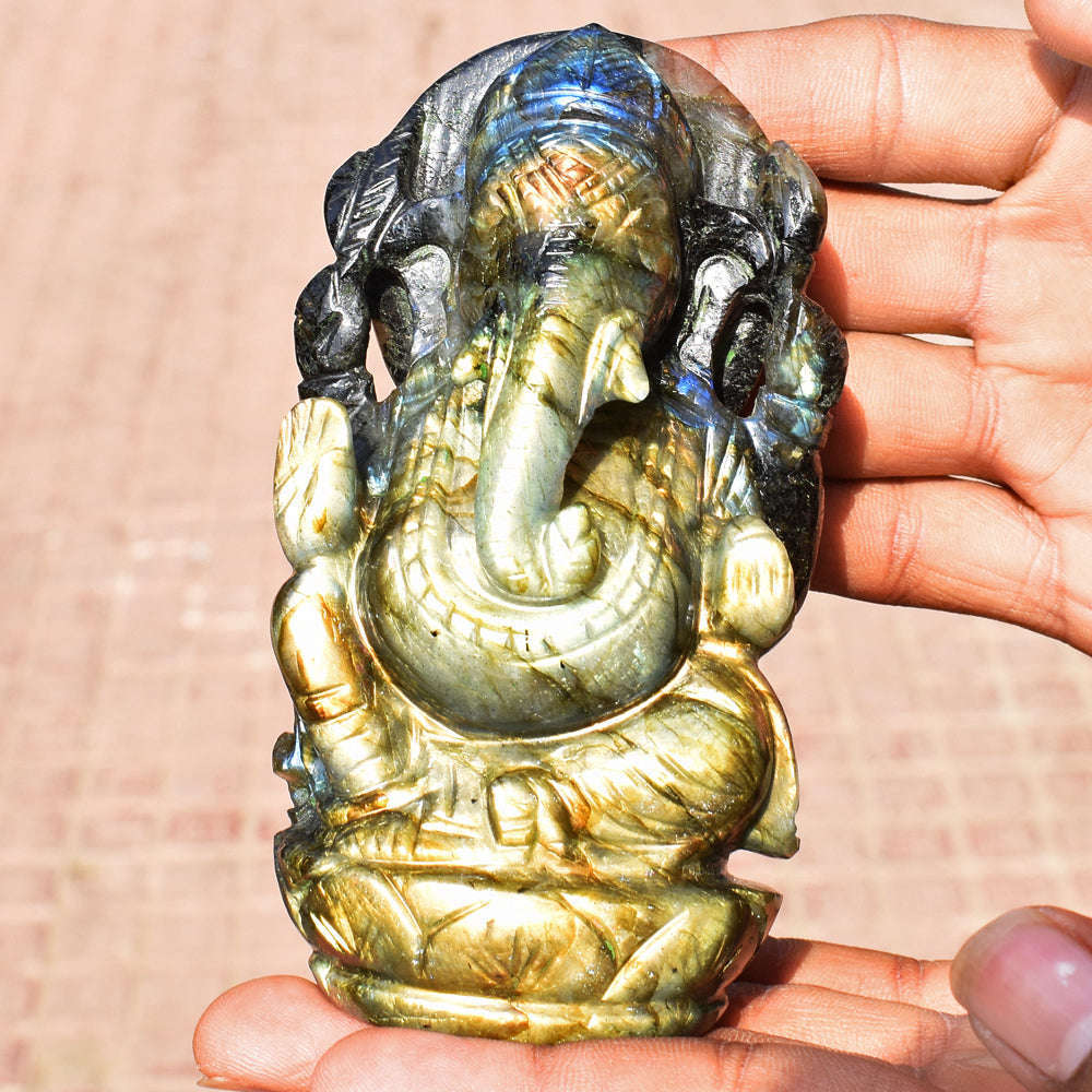 gemsmore:Amazing  Labradorite Hand Carved Genuine Crystal Gemstone Carving Lord Ganesha