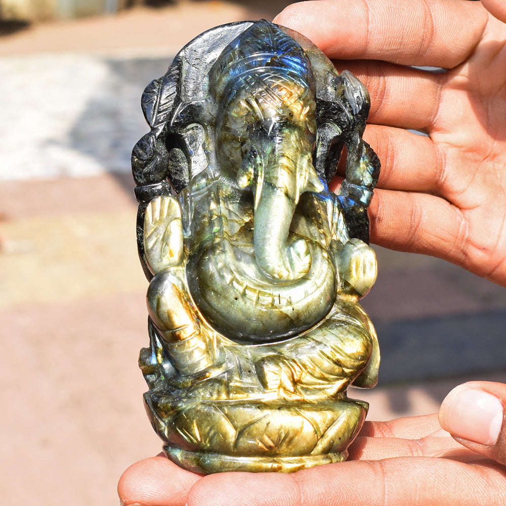 gemsmore:Amazing  Labradorite Hand Carved Genuine Crystal Gemstone Carving Lord Ganesha