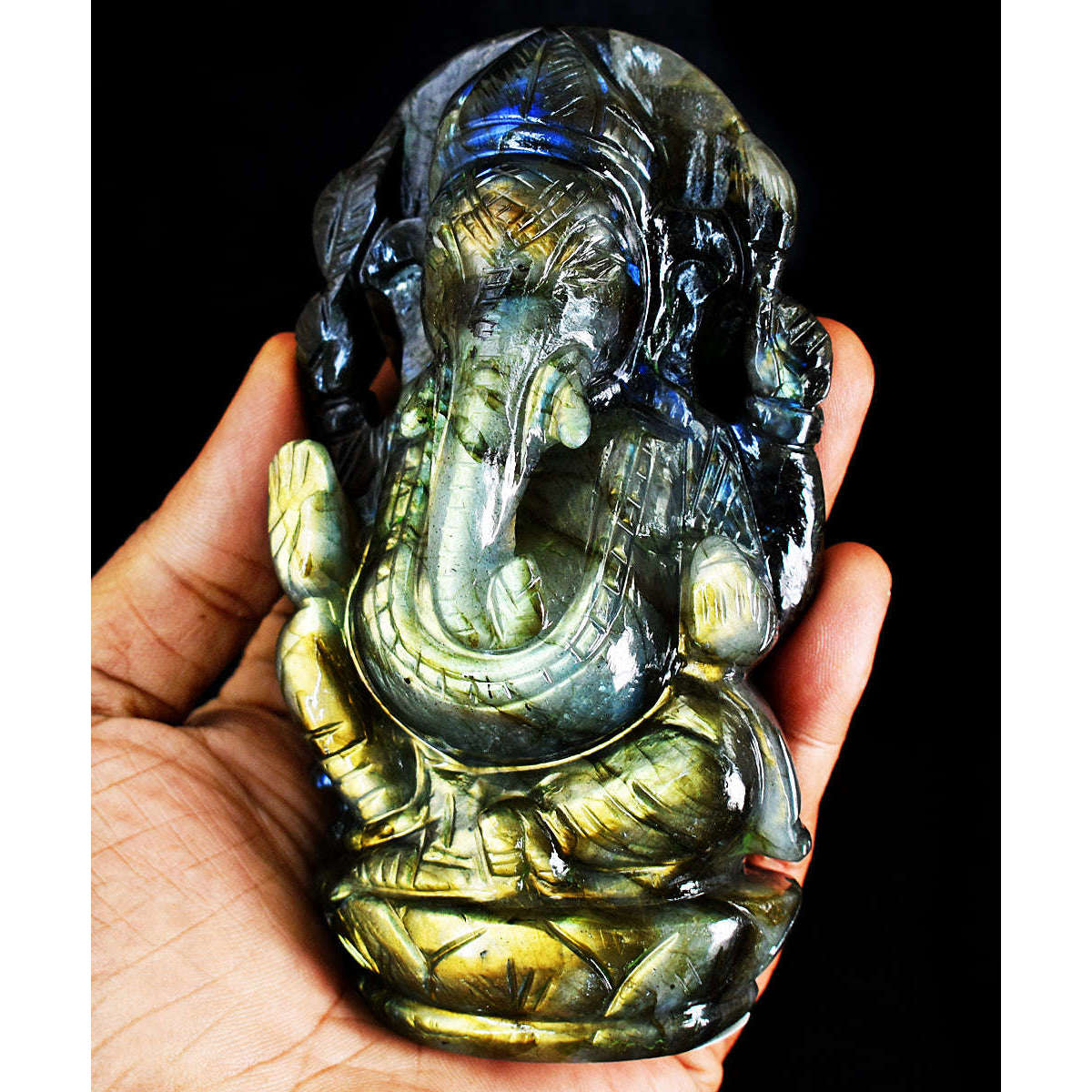 gemsmore:Amazing  Labradorite Hand Carved Genuine Crystal Gemstone Carving Lord Ganesha