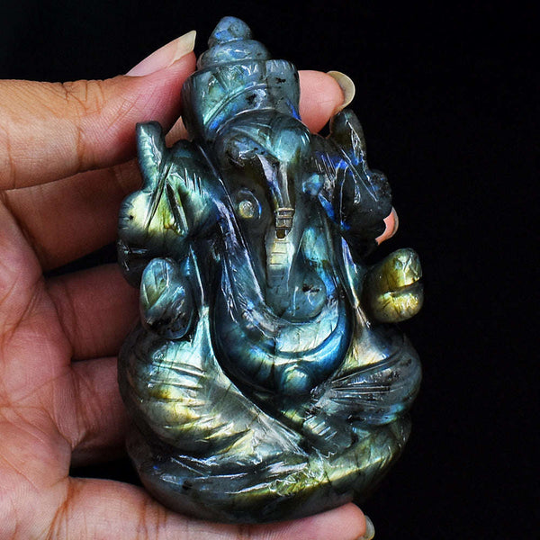 gemsmore:Amazing Labradorite Hand Carved Genuine Crystal Gemstone Carving Lord Ganesha