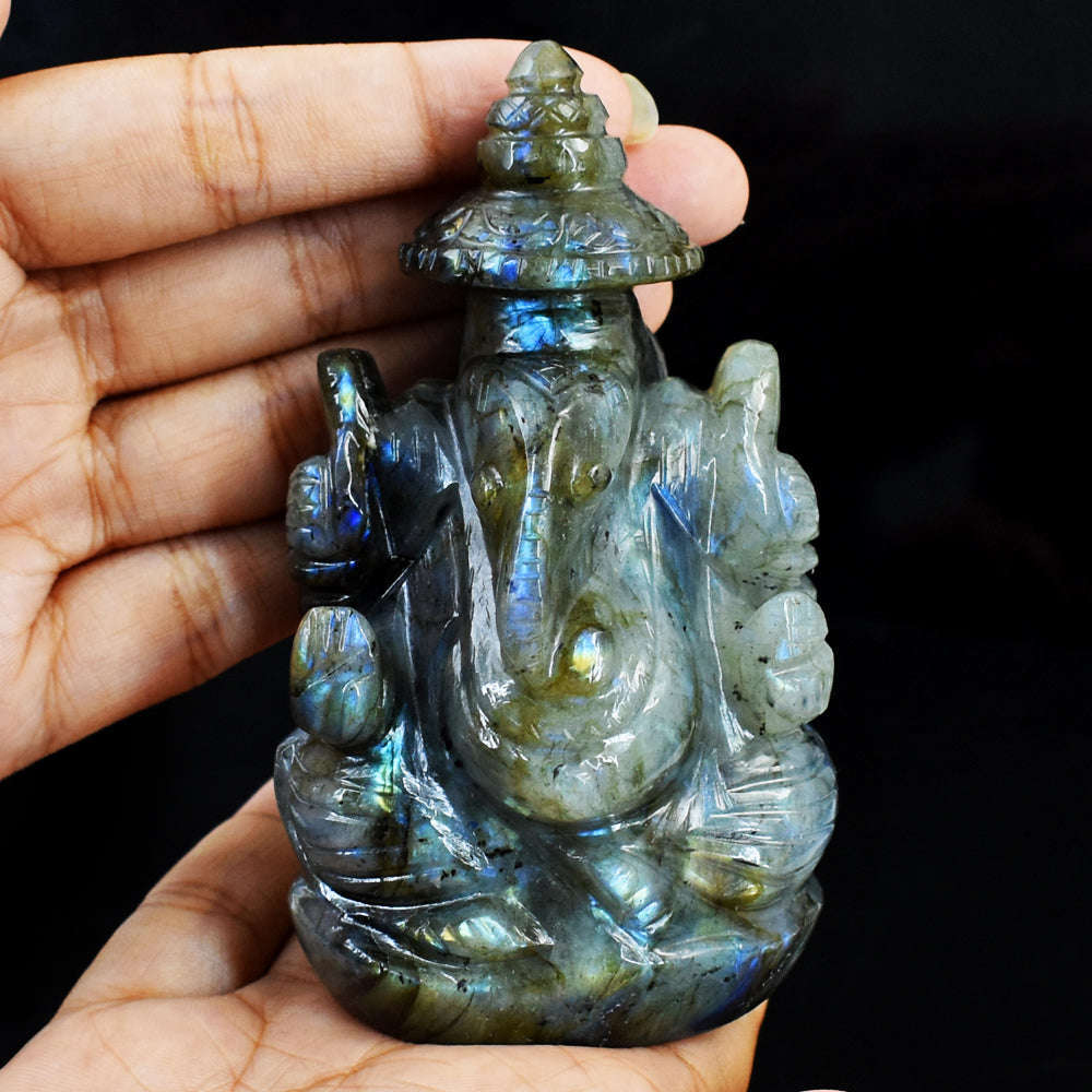 gemsmore:Amazing Labradorite Hand Carved Genuine Crystal Gemstone Carving Lord Ganesha