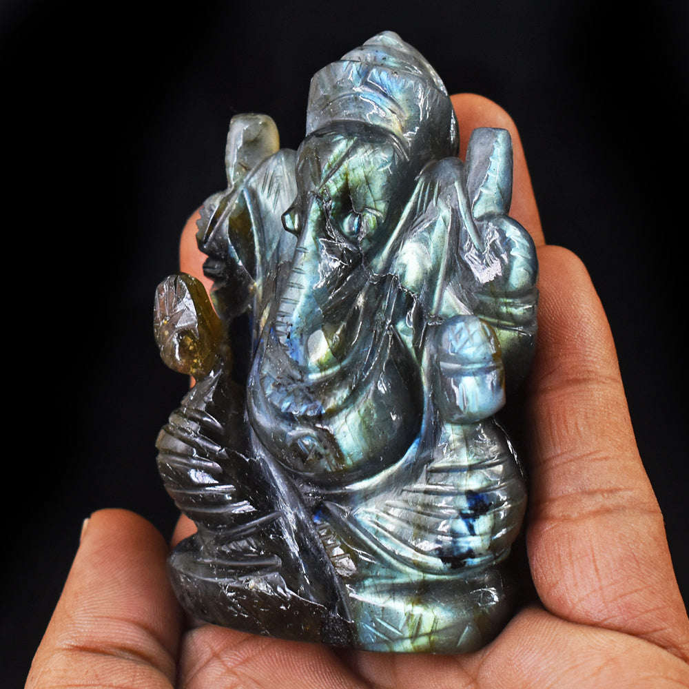 gemsmore:Amazing Labradorite Hand Carved Genuine Crystal Gemstone Carving Lord Ganesha