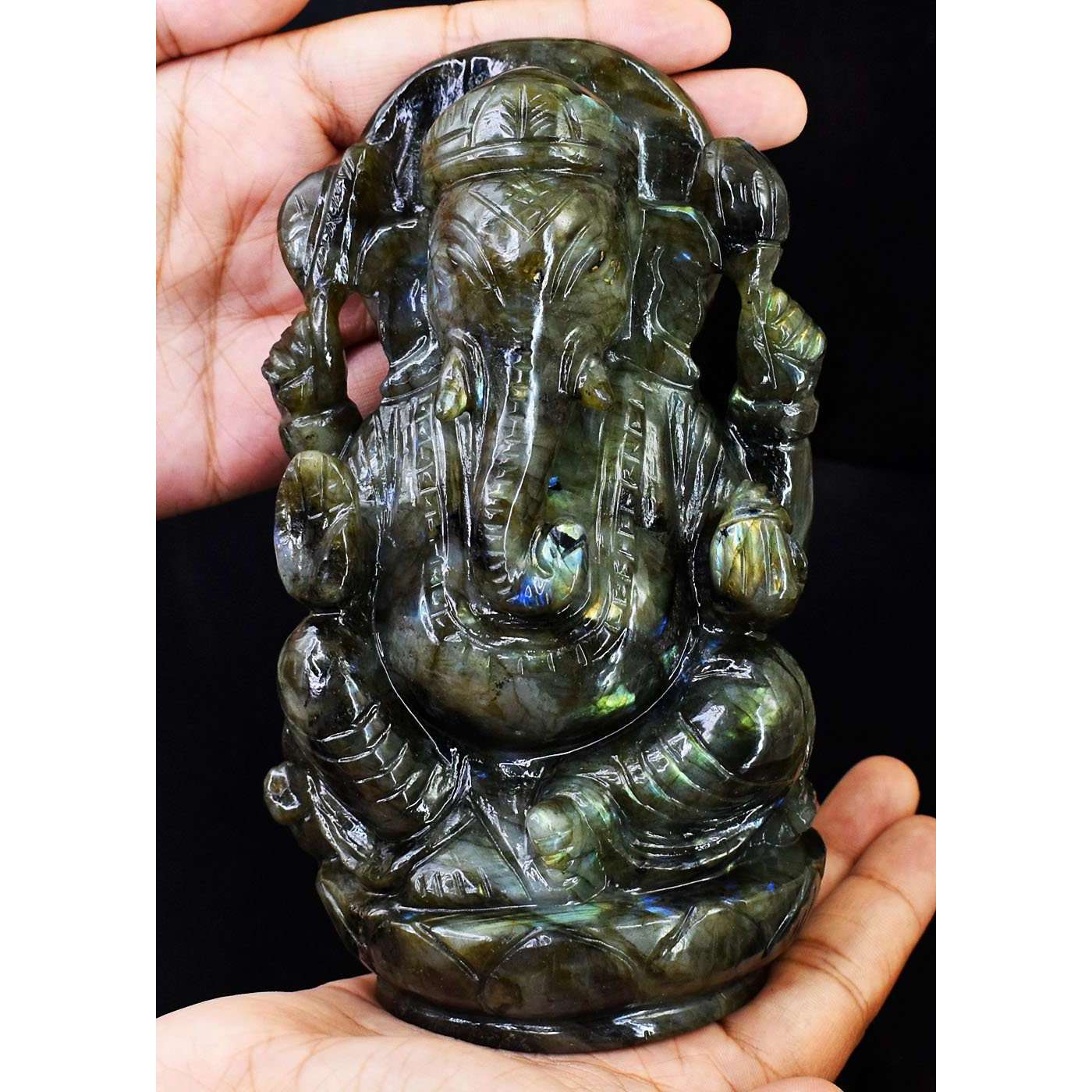 gemsmore:Amazing Labradorite Hand Carved Genuine Crystal Gemstone Carving Lord Ganesha